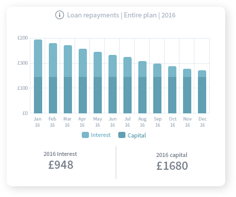 Loan capital and interest repayment chart A monthly bar chart showing repayments of a loan over the course of a year broken down into interest and capital.